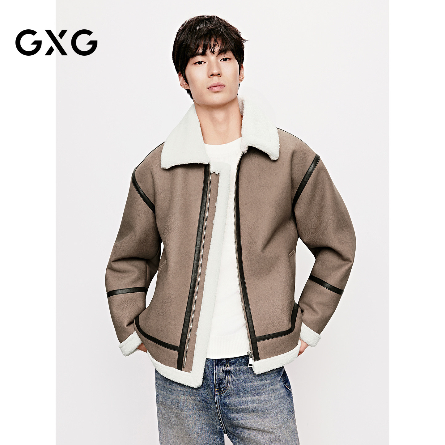 GXG男装 廓形棕色皮毛一体翻领撞色休闲夹克外套 25年冬季新品