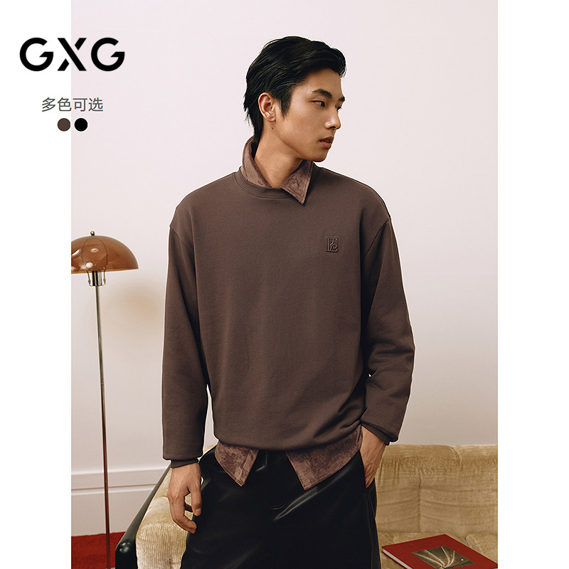 GXG男装 春季精致仿麂皮贴布绣休闲时尚潮搭圆领卫衣男