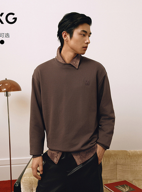 GXG男装 商场同款双色圆领卫衣仿麂皮长袖上衣 25年春G25X311019