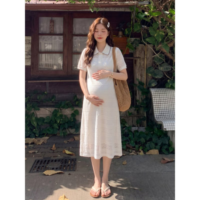 孕妇装女夏连衣裙2026新款法式宽松遮肚花边polo领长裙夏季孕妇裙 — 2