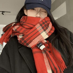 氛围感红色格子羊绒围巾女冬季韩版百搭学生高级格纹围脖厚情侣款