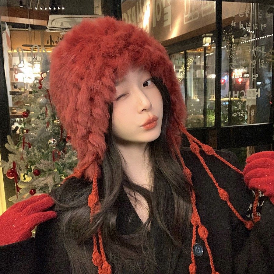 加厚毛绒绒针织真兔毛帽子女秋冬防寒毛线流苏显脸小大头围包头帽