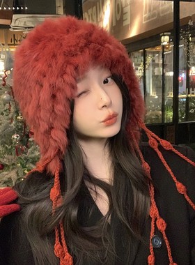 加厚毛绒绒针织真兔毛帽子女秋冬防寒毛线流苏显脸小大头围包头帽