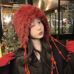 加厚毛绒绒针织真兔毛帽子女秋冬防寒毛线流苏显脸小大头围包头帽