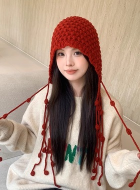 帽子女圆脸大脸显瘦大头围秋冬显脸小时尚手工编织保暖毛线针织帽