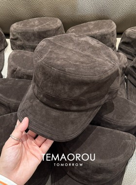 版型超正！覆古深棕麂皮绒平顶马术帽子高端时尚洋气骑士帽报童帽