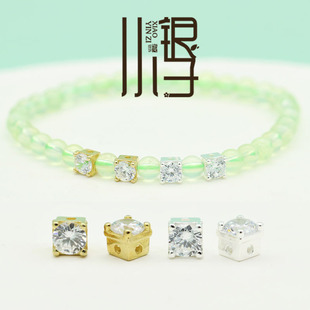 S925纯银隔珠 镶嵌锆石小方塔金字塔银镀金双孔珠DIY银饰串珠配件