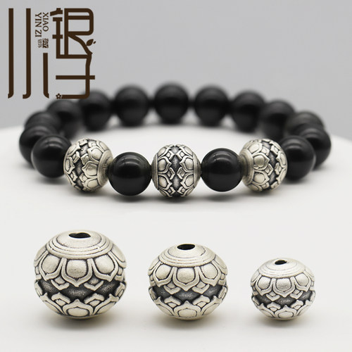 S999纯银3D硬银立体莲花纹圆珠