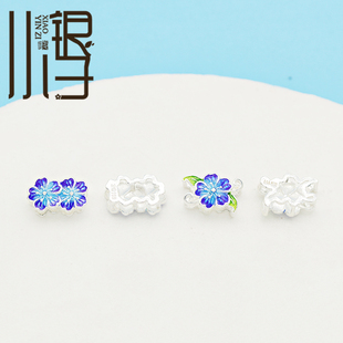 足银隔珠 烧蓝双生花小花全孔长方形扁珠S999纯银DIY手链编绳配件