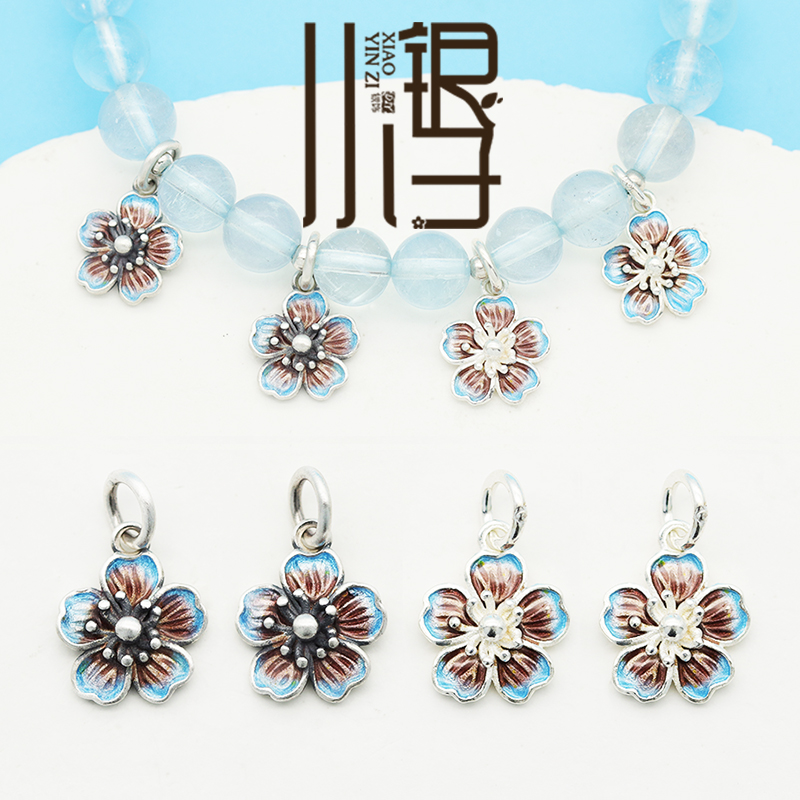 S999纯银烧蓝桃花花瓣吊坠