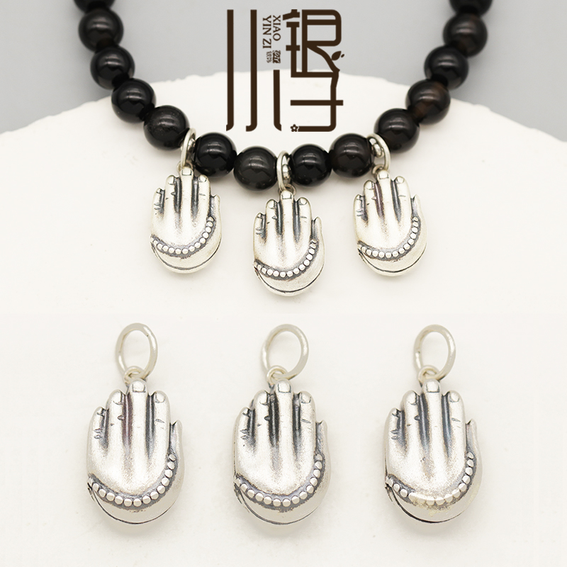 纯银吊坠 复古做旧立体双面双手合十佛手挂坠S925纯银DIY手链配件