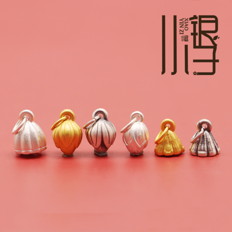 S999纯银银饰 硬银3D莲花花苞莲蓬多子莲藕立体吊坠DIY材料配件