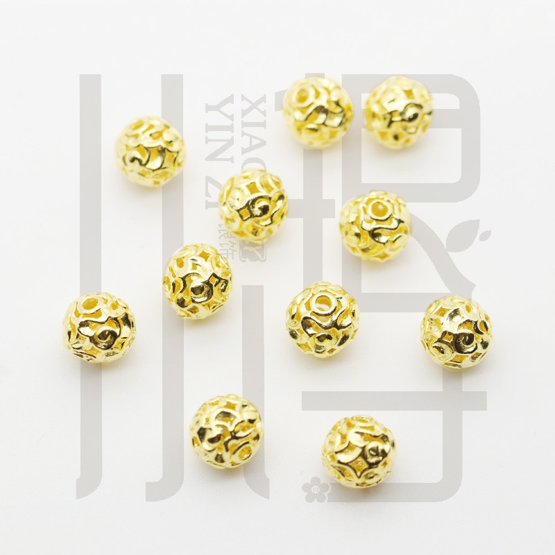 s925纯银饰隔珠 镂空金色绣球花纹圆珠散珠diy银镀金编绳串珠配件