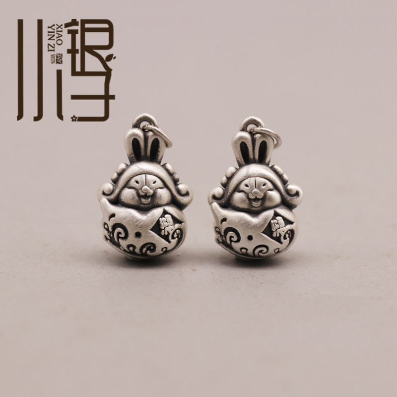 足银吊坠 3d硬银卡通福禄兔爷兔子挂坠 s999纯银diy编绳材料配件