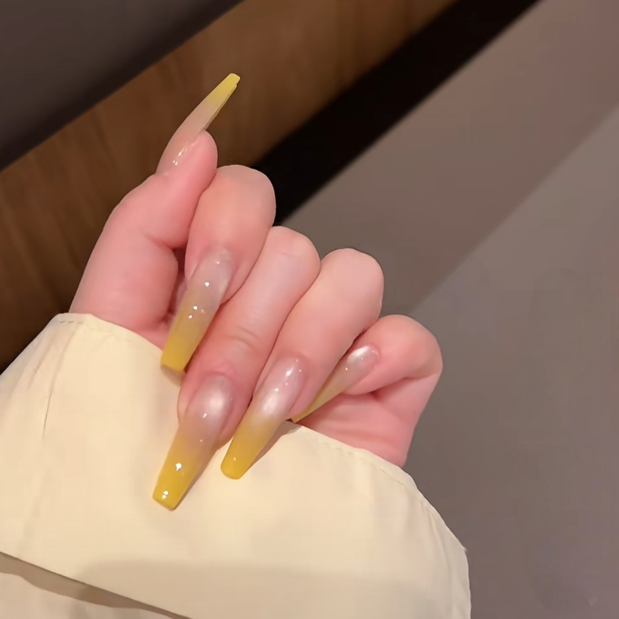 长梯芥末黄纯手工穿戴甲高级感美甲贴片成品假指甲可拆卸猫眼甲片