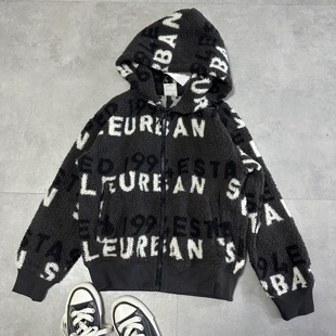 140 外贸元 外套 男女中大童满印英文羊羔绒连帽拉链绒衫 165 单