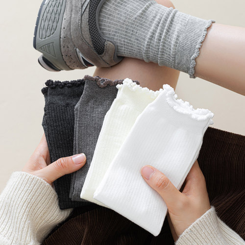 木耳边精梳棉中筒袜子女学生百搭甜美简约荷叶边吸湿排汗棉袜长袜