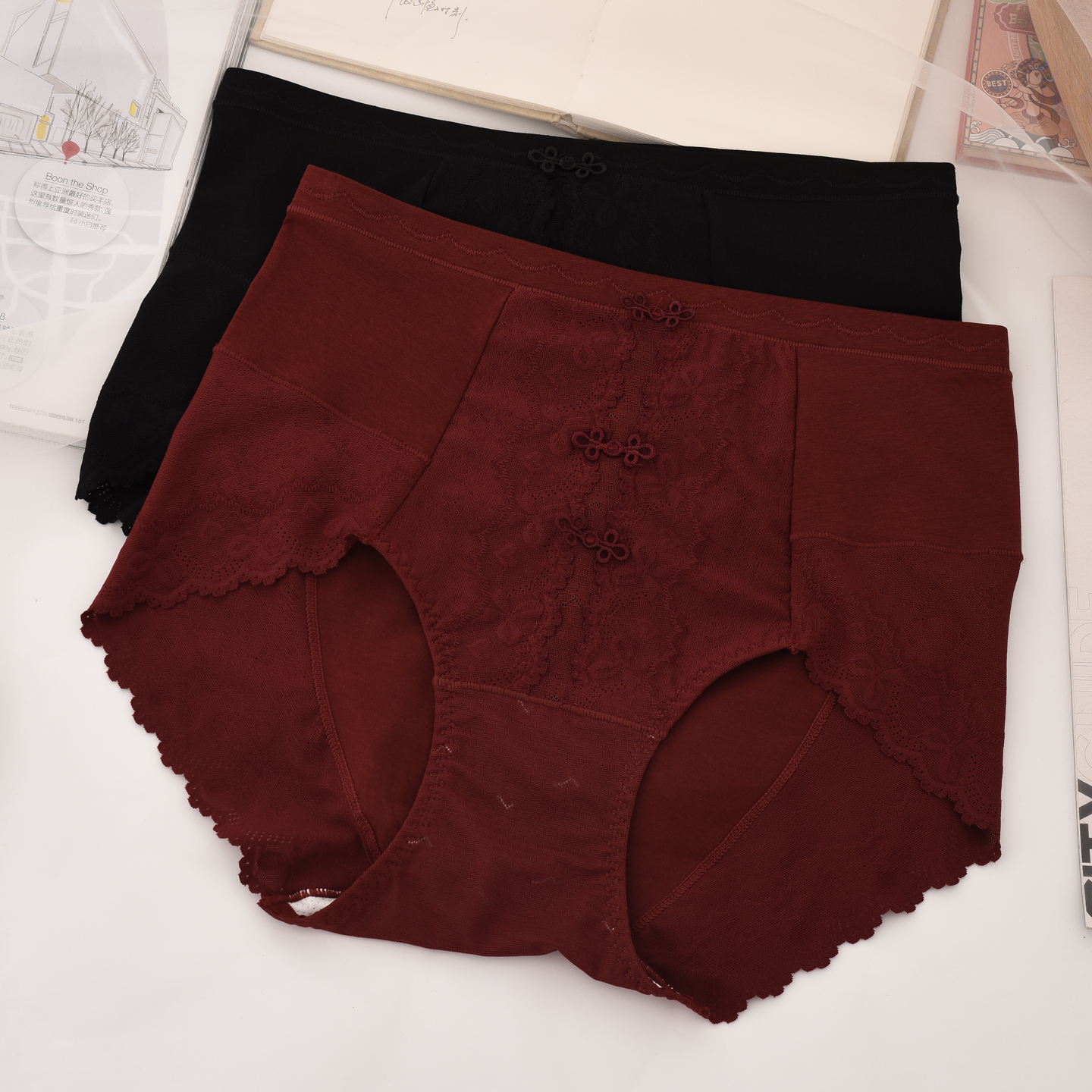 中国风莫代尔棉高腰内裤女大码胖MM蕾丝宽松时尚潮民族风三角短裤