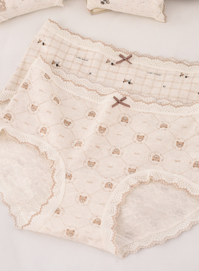 浮雕纯棉提花蕾丝边卡通中腰内裤女韩版印花可爱熊棉质面料三角裤