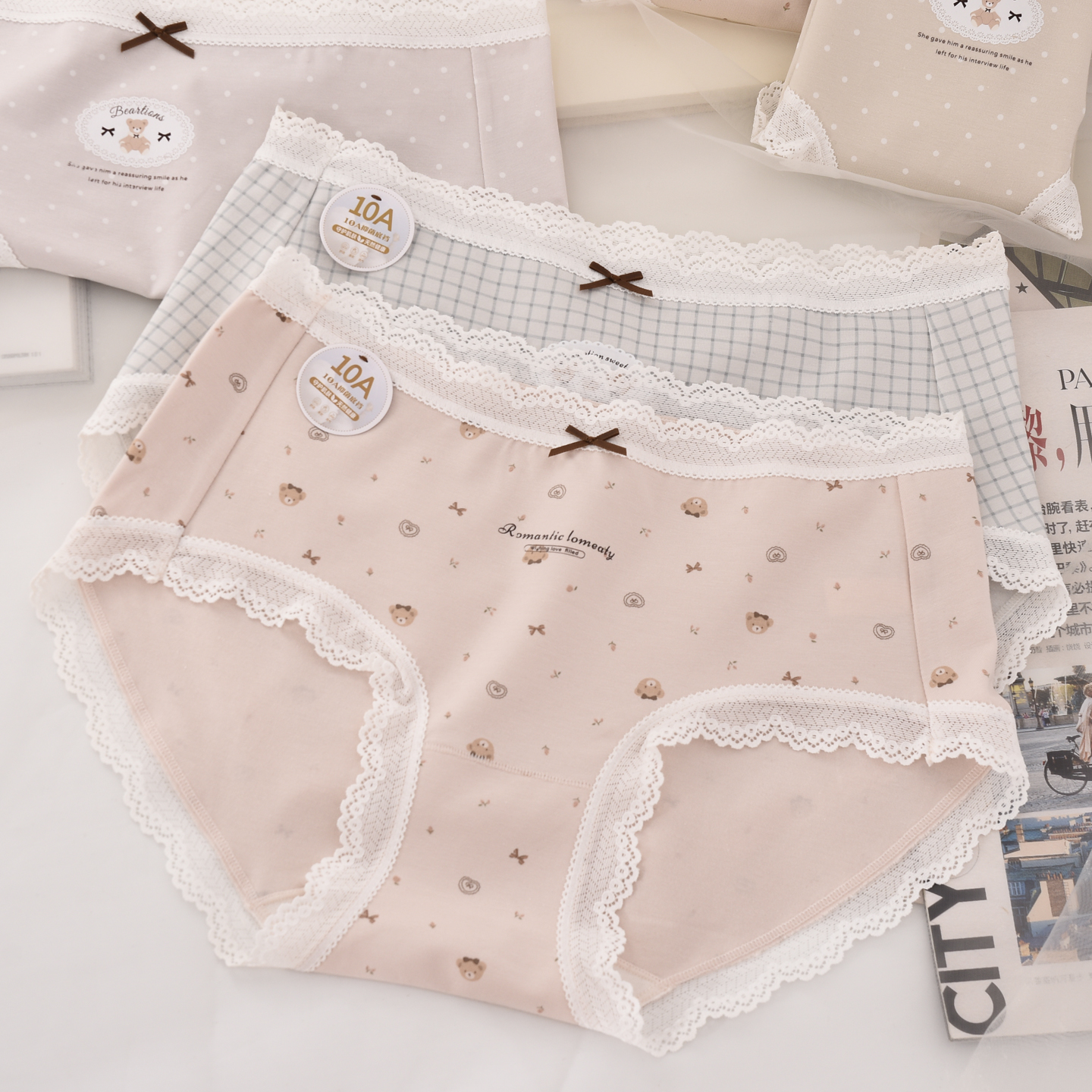莫代尔棉蕾丝边中腰内裤女学生少女格子圆点卡通熊可爱三角短裤