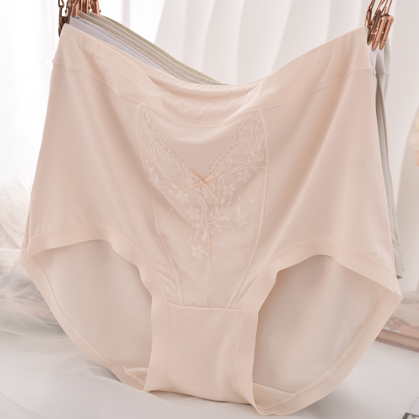 10A桑蚕丝抗菌底裆莫代尔高腰内裤女蕾丝大码胖MM包臀宽松三角裤