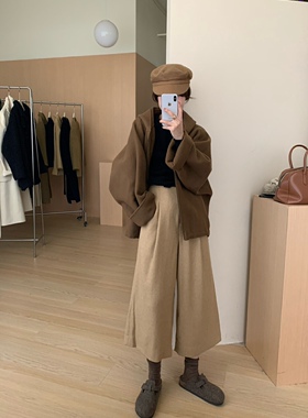 【FOR NEVER】韩系复古高腰百搭羊毛呢八分裙裤宽松休闲裤