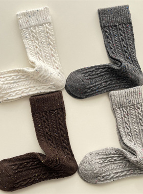 秋冬新款麻花纹羊毛女袜子纯色简约百搭中筒袜点子纱保暖堆堆袜潮