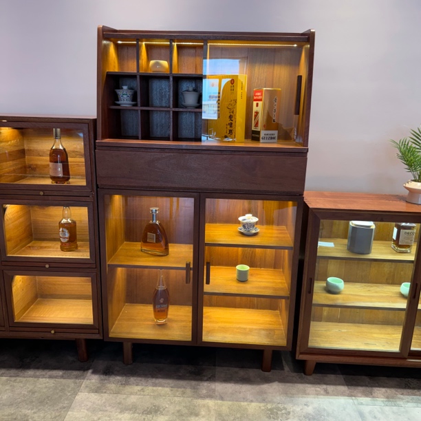 160×90茶室老槠木餐边柜新中式中高多宝阁玻璃茶酒实木收纳柜