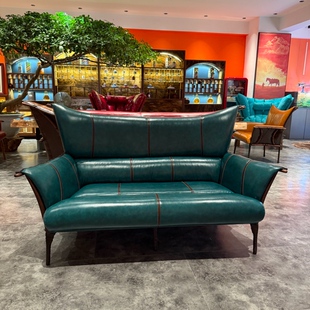 茶室会所双人位真皮沙发轻奢头层油蜡牛皮休闲区两人位酋长椅jz