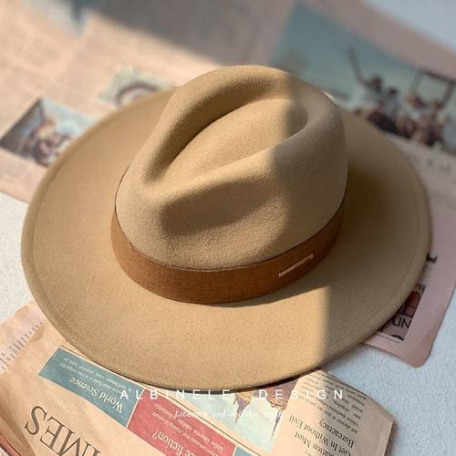 新款秋冬平沿时尚爵士礼帽男女时尚宽檐黑色百搭欧美大头围驼色