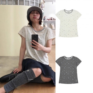 现 coyseio韩国新款星星满印拼色领口印花短款正肩短袖修身T恤ins