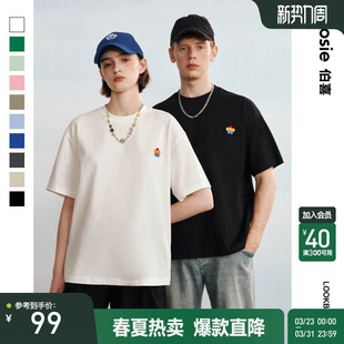 短袖 新款 bosie2025年夏季 T恤男刺绣简约圆领情侣体恤潮 小花人