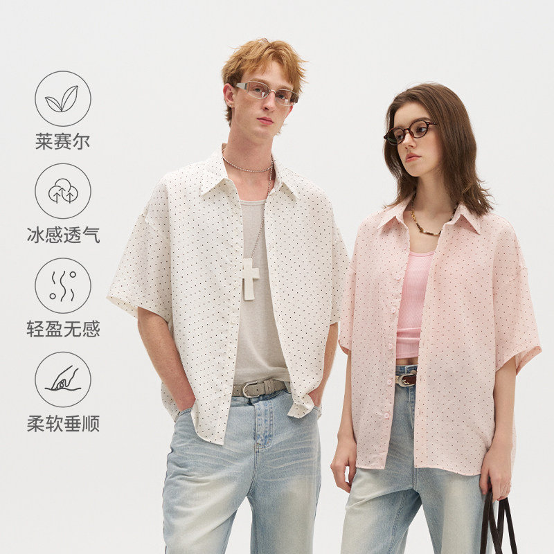 bosie波点莱赛尔天丝亚麻短袖衬衫男女夏季薄款休闲百搭衬衣外套E