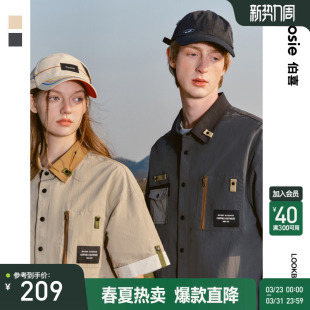 衬衫 bosie2025年夏季 短袖 山系户外风撞色工装 男情侣休闲外套 新款