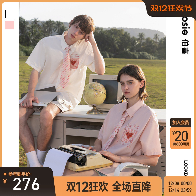 bosie领带短袖衬衫学院风情侣款