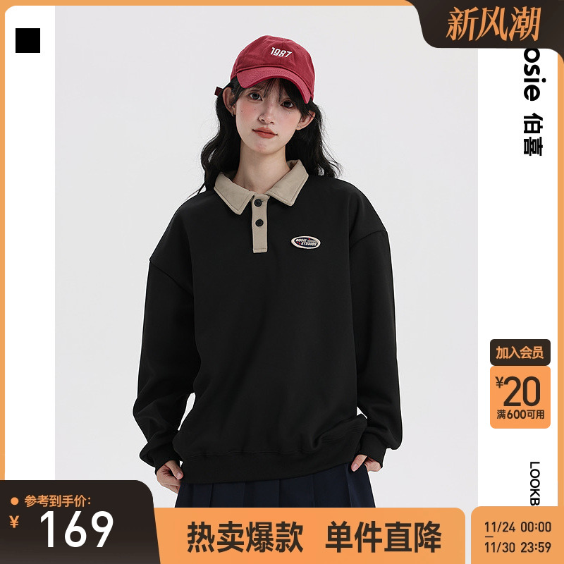 bosie伯喜2025年新款套头长袖Polo衫男情侣翻领美式宽松休闲外套