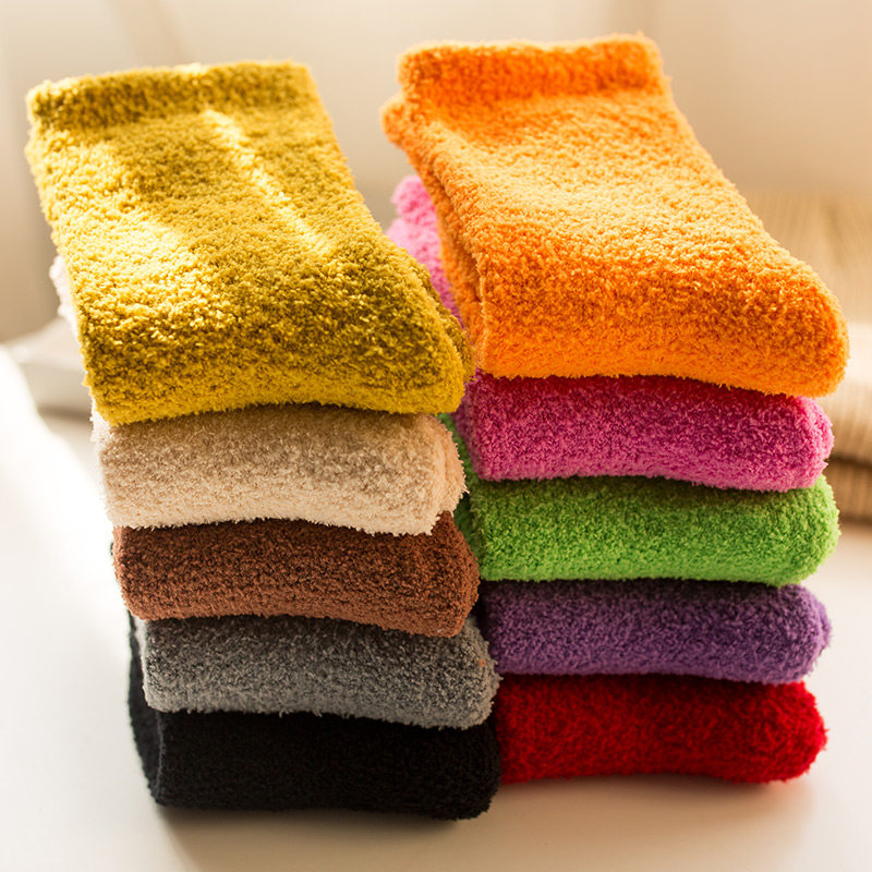 糖果色珊瑚绒加厚保暖儿童袜子冬