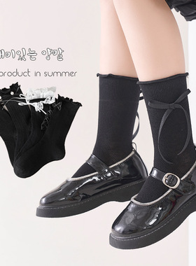 女童黑色袜子夏季洛丽塔花边袜薄款网眼纯棉无骨中筒袜蝴蝶结潮袜