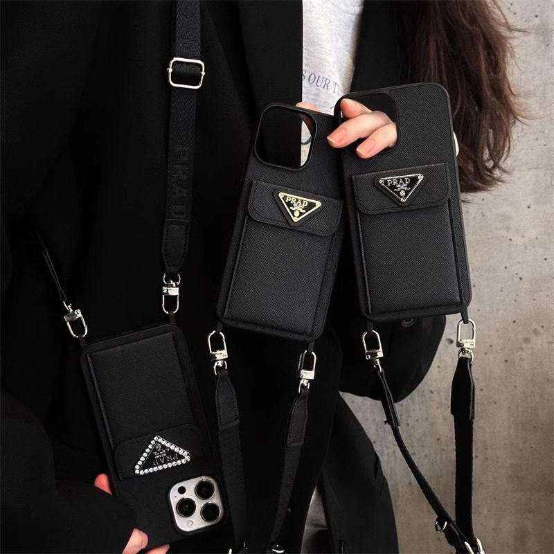 简约皮质插卡包适用苹果16promax手机壳iPhone15pro立体三角标14pro黑色调节布斜挎绳13简约12个性11高级16潮