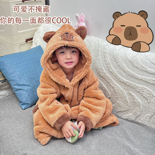 秋冬季珊瑚绒睡袍2025年新款睡衣男童女童加绒加厚可外穿家居服