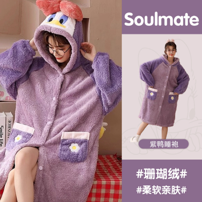 秋冬季珊瑚绒睡袍2025年新款紫鸭睡衣女保暖加绒加厚可外穿家居服