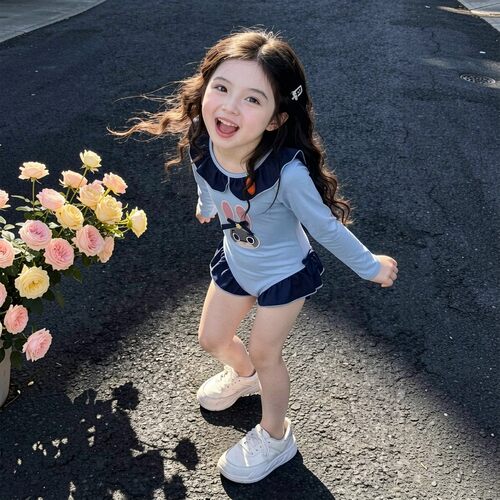 儿童卡通兔子刺绣沙滩度假泳衣