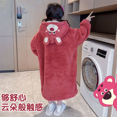 草莓熊睡衣女童连帽可外穿睡袍