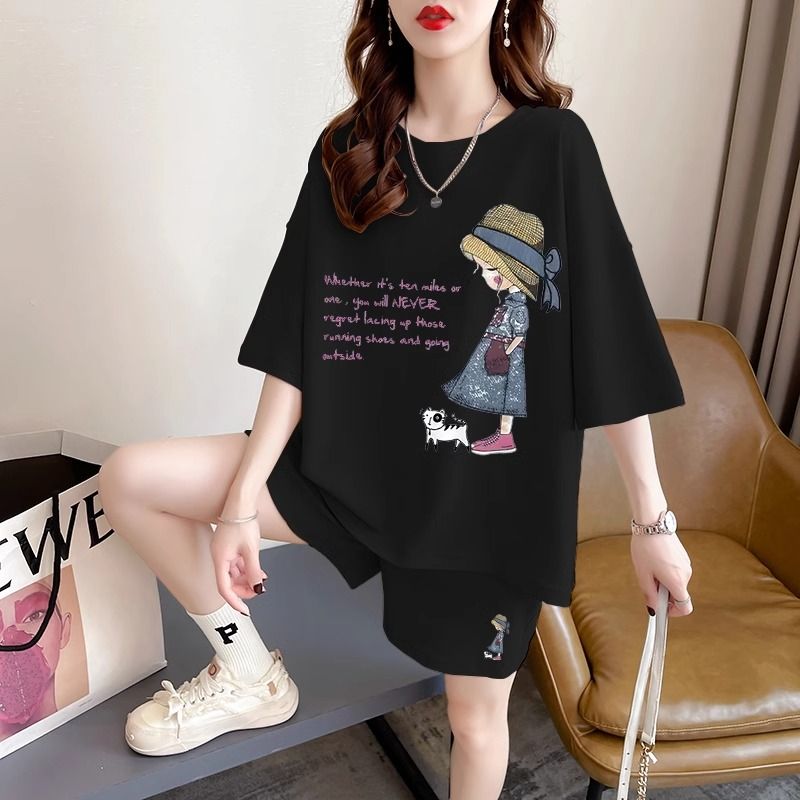 大码女装纯棉短袖短裤套装女百搭夏季初中高中学生显瘦运动两件套图片