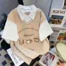 宽松休闲初高中学生可爱上衣 POLO领假两件短袖 t恤女夏季 新款 大码