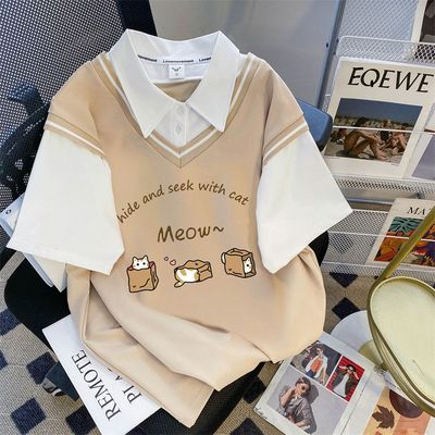 POLO领假两件短袖t恤女夏季新款大码宽松休闲初高中学生可爱上衣