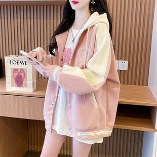 拼色刺绣设计感连帽卫衣女春秋季初中高中学生宽松大码棒球服外套