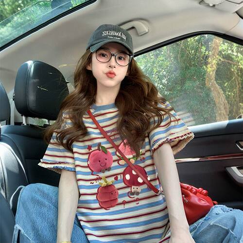 纯棉花边条纹短袖t恤女2026新款夏季宽松大码女装设计感小众上衣