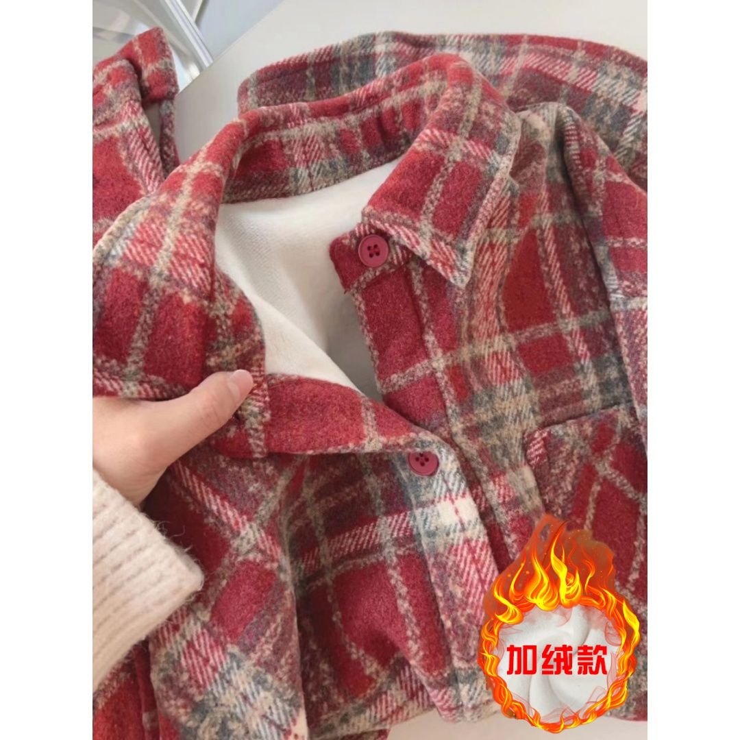 磨毛加绒格子衬衫外套女秋冬港风复古休闲大码宽松中长款保暖衬衣