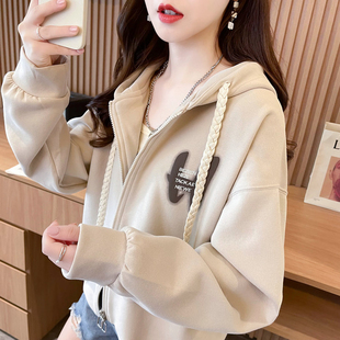 加绒连帽卫衣女秋冬季2024新款韩版宽松小个子初高中学生开衫外套